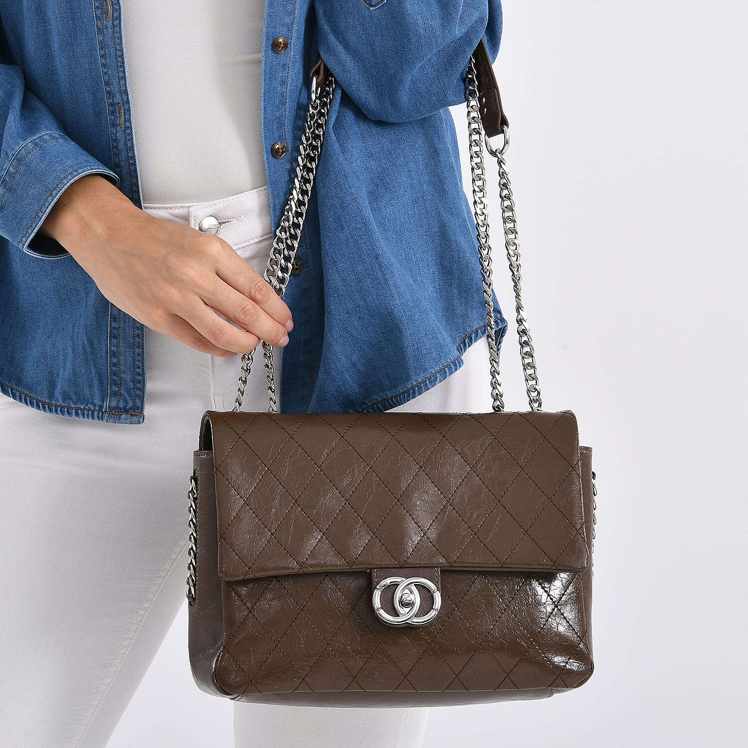 Designer Inspired - 100% Genuine Quilted Leather Crossbody Bag with Chain Strap - Brown 8165384 3