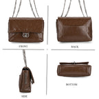 Designer Inspired - 100% Genuine Quilted Leather Crossbody Bag with Chain Strap - Brown