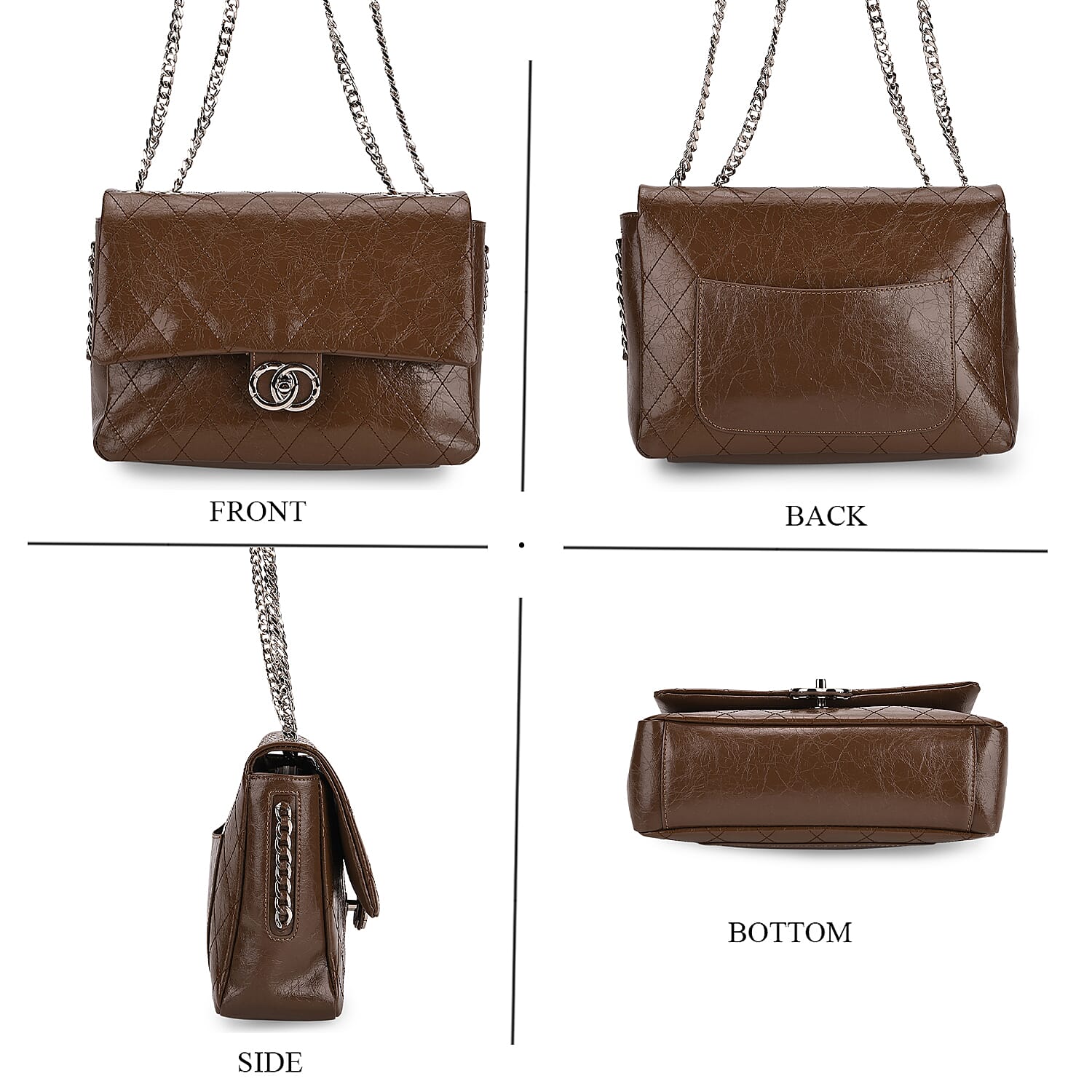 Designer Inspired - 100% Genuine Quilted Leather Crossbody Bag with Chain Strap - Brown 8165384 4