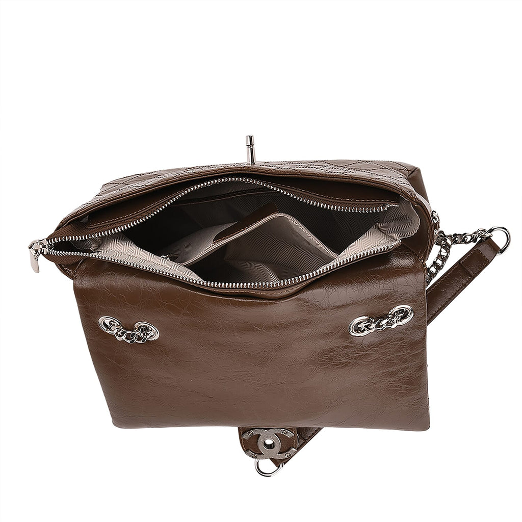 Designer Inspired - 100% Genuine Quilted Leather Crossbody Bag with Chain Strap - Brown