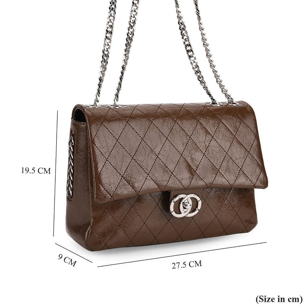 Designer Inspired - 100% Genuine Quilted Leather Crossbody Bag with Chain Strap - Brown