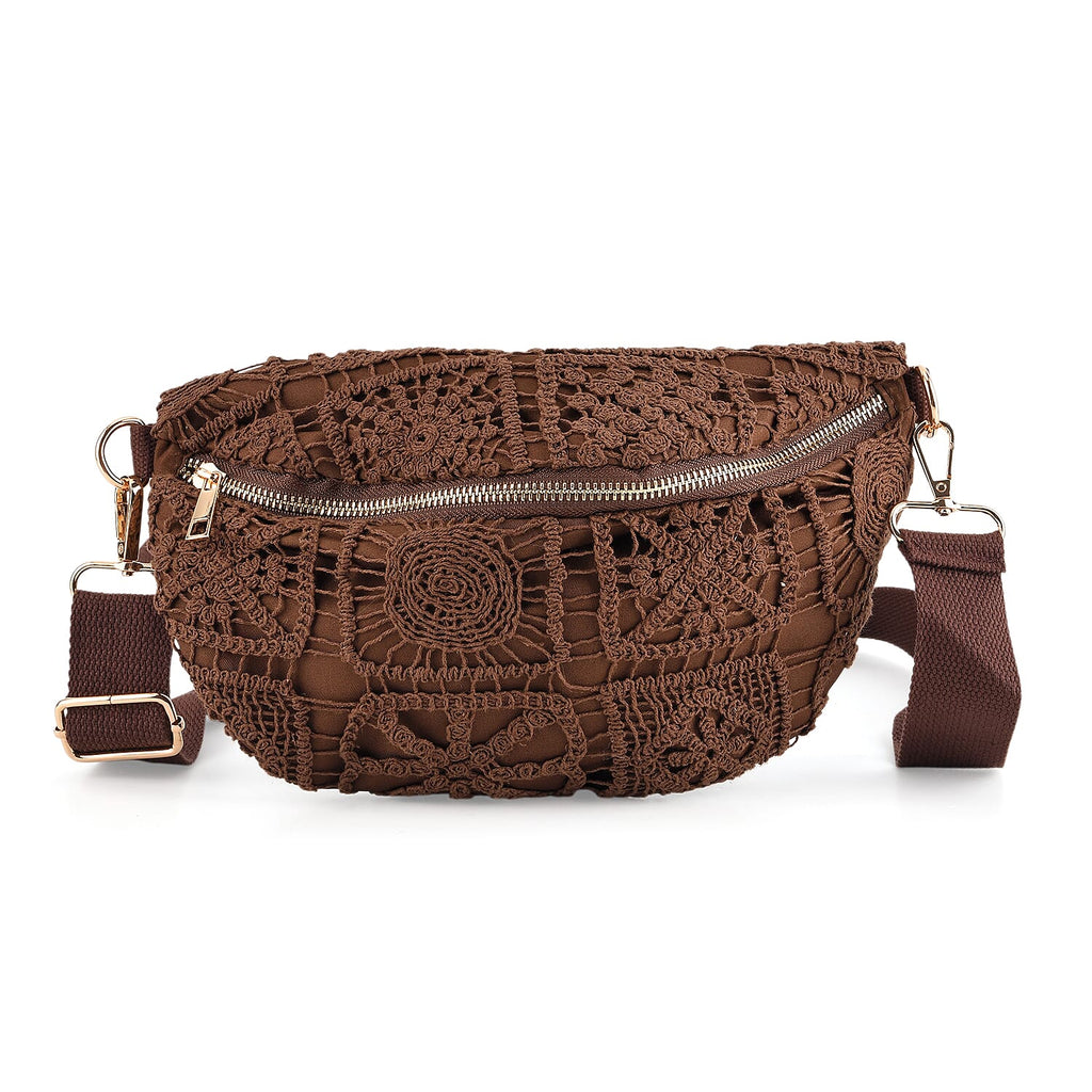 Crochet Crescent Sling Bag with Adjustable Strap - Brown