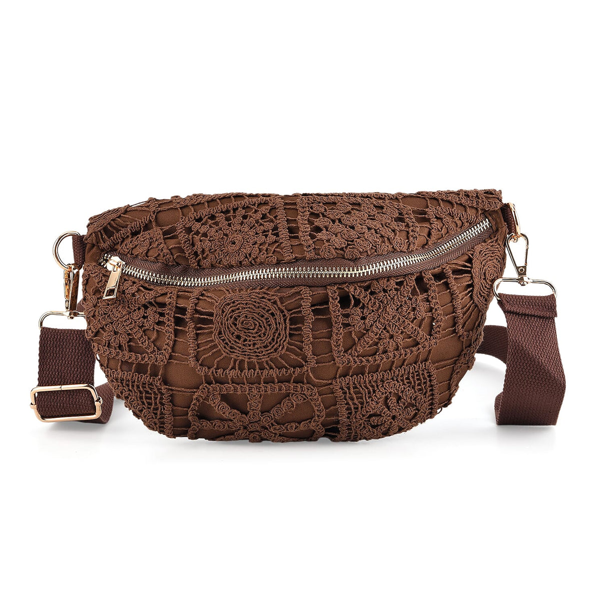 Crochet Crescent Sling Bag with Adjustable Strap - Brown V32368224 0