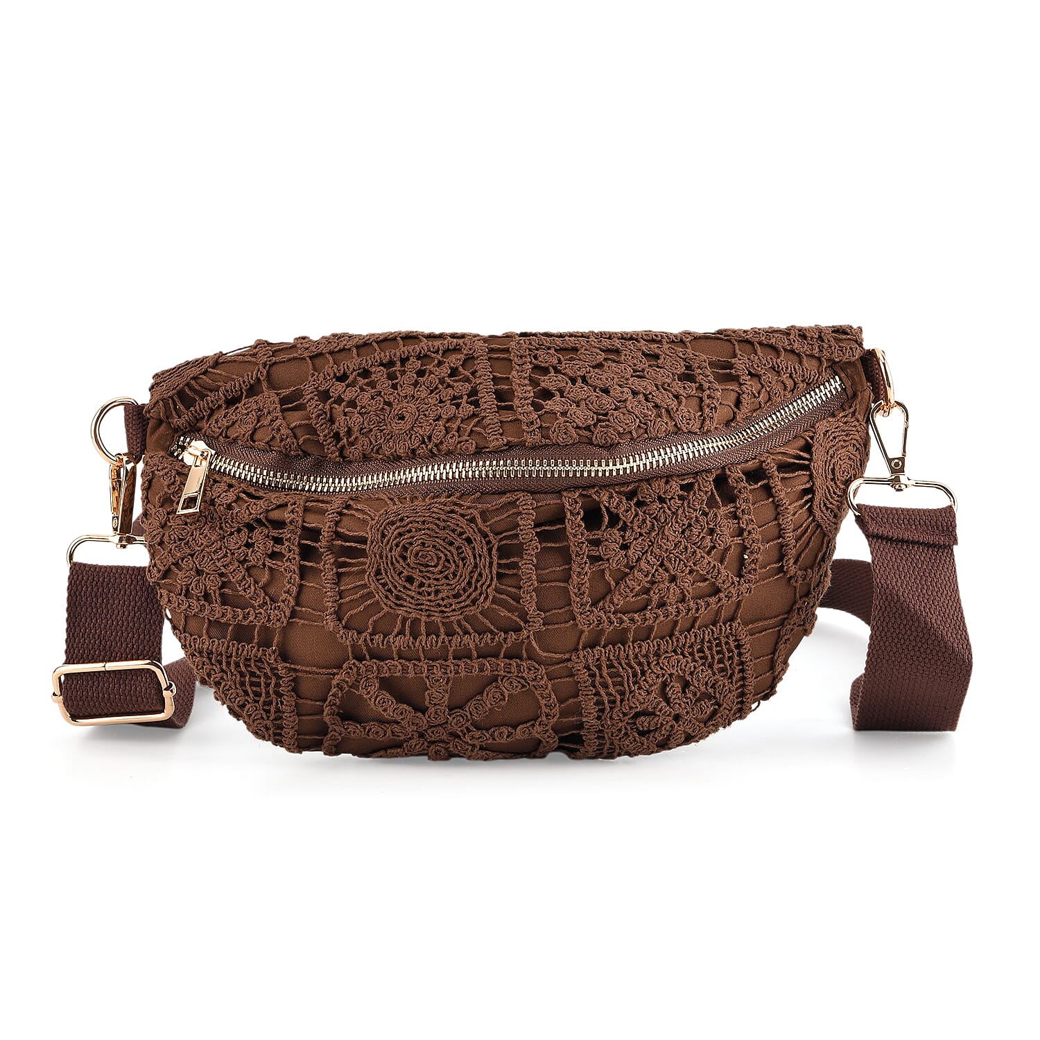 Crochet Crescent Sling Bag with Adjustable Strap - Brown V32368224 0