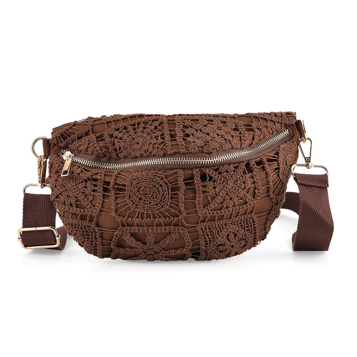 Crochet Crescent Sling Bag with Adjustable Strap - Brown 8504002 1