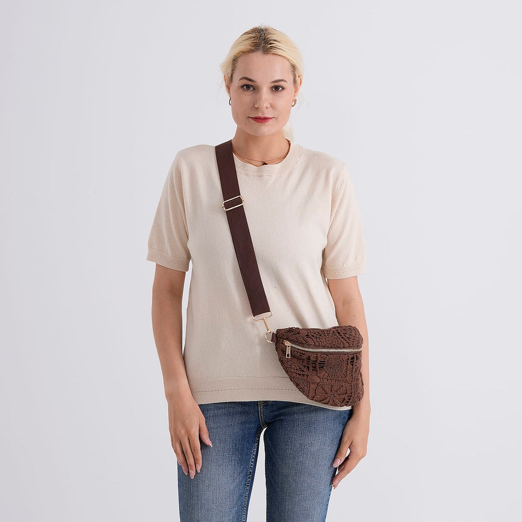 Crochet Crescent Sling Bag with Adjustable Strap - Brown