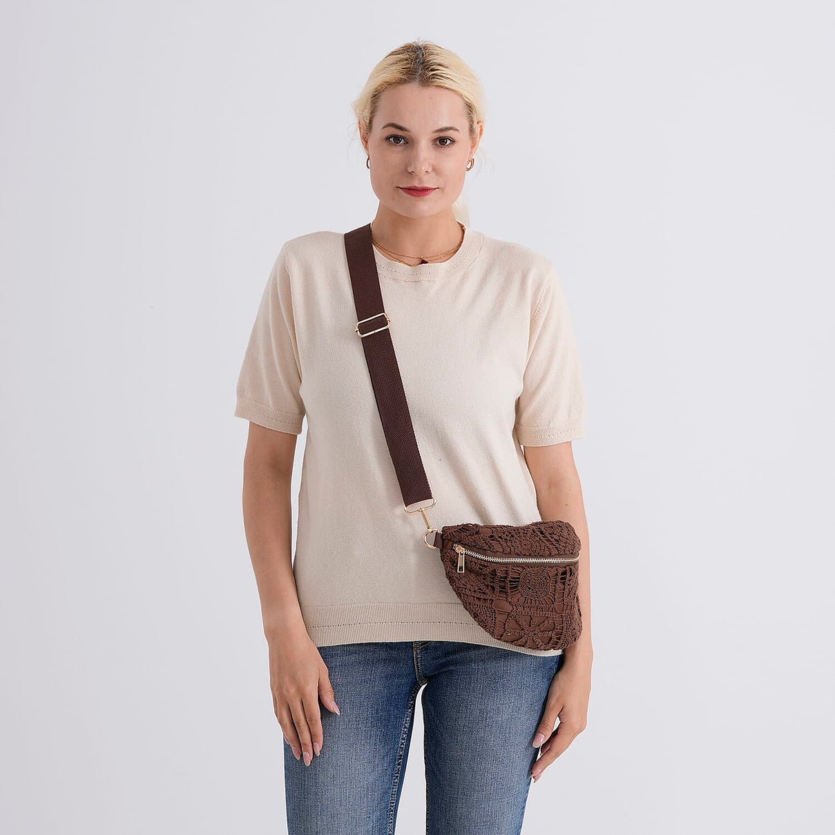 Crochet Crescent Sling Bag with Adjustable Strap - Brown V32368224 2