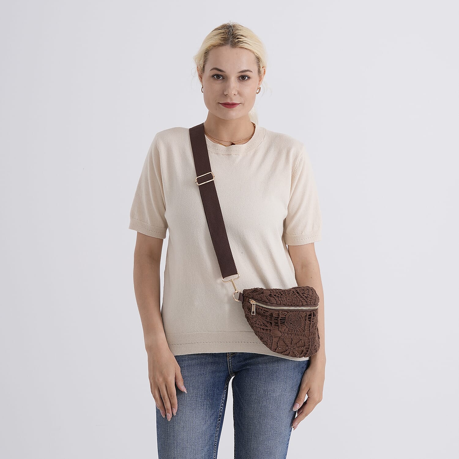 Crochet Crescent Sling Bag with Adjustable Strap - Brown V32368224 2