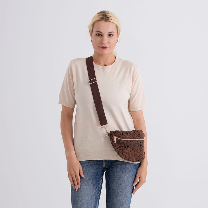 Crochet Crescent Sling Bag with Adjustable Strap - Brown 8504002 2