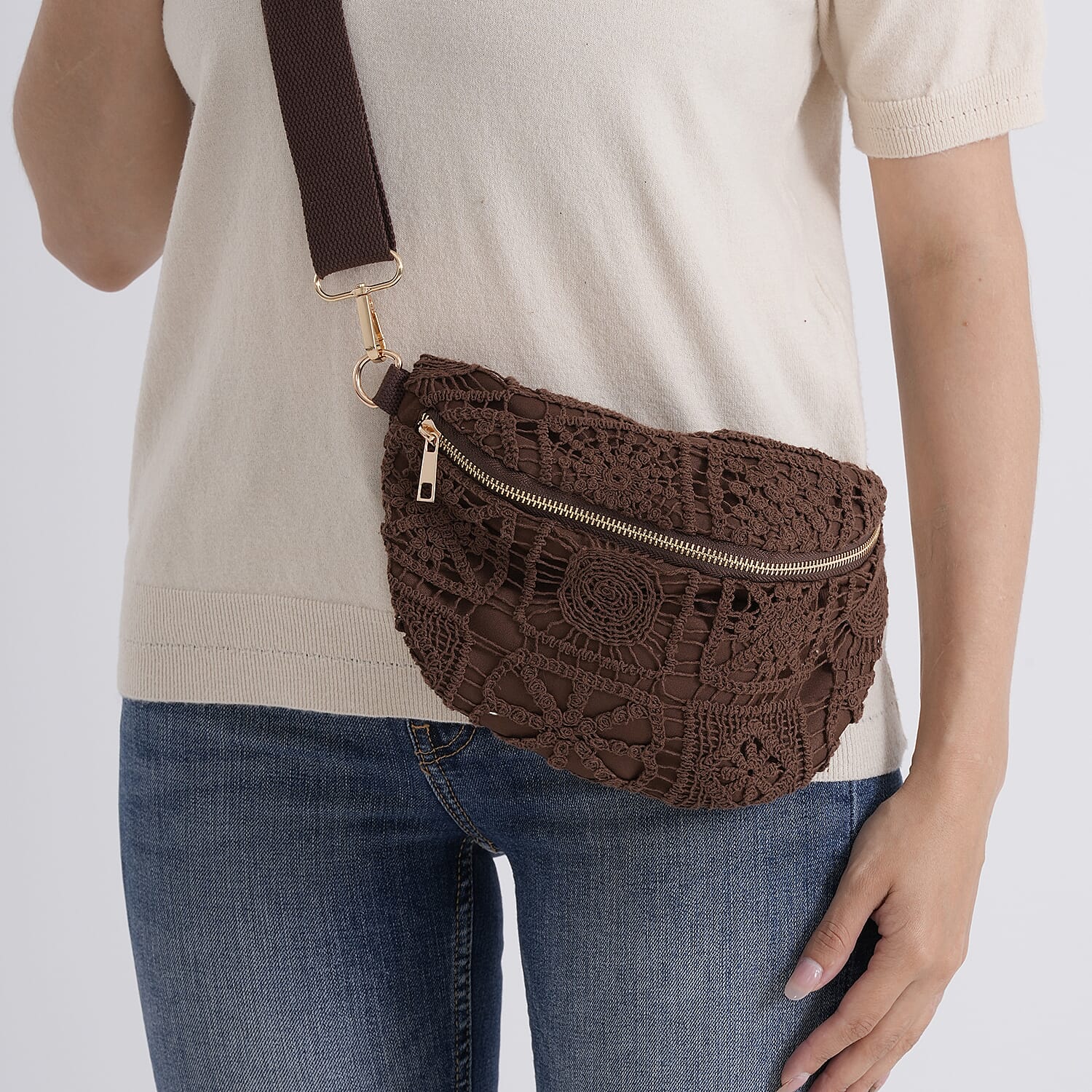 Crochet Crescent Sling Bag with Adjustable Strap - Brown V32368224 3