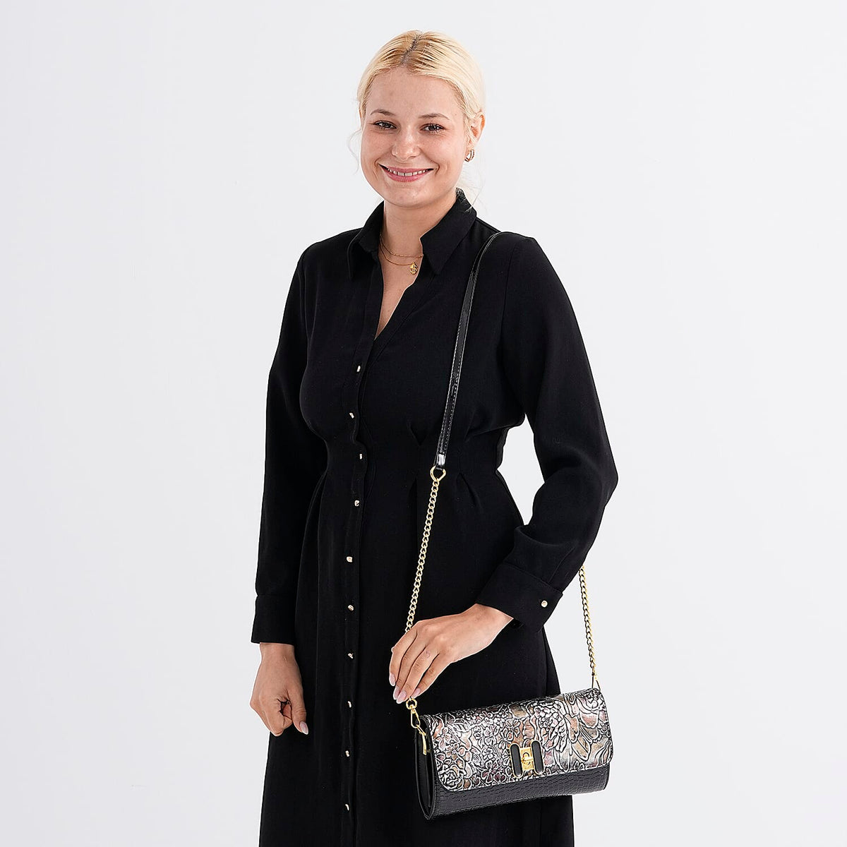 Metallic Floral Print Two-Tone Wallet Crossbody Bag with Chain Strap - Brown &amp; Black V32533429 0