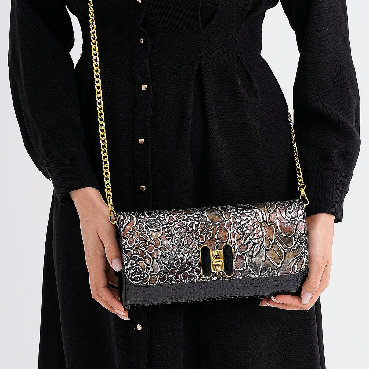 Metallic Floral Print Two-Tone Wallet Crossbody Bag with Chain Strap - Brown &amp; Black V32533429 2