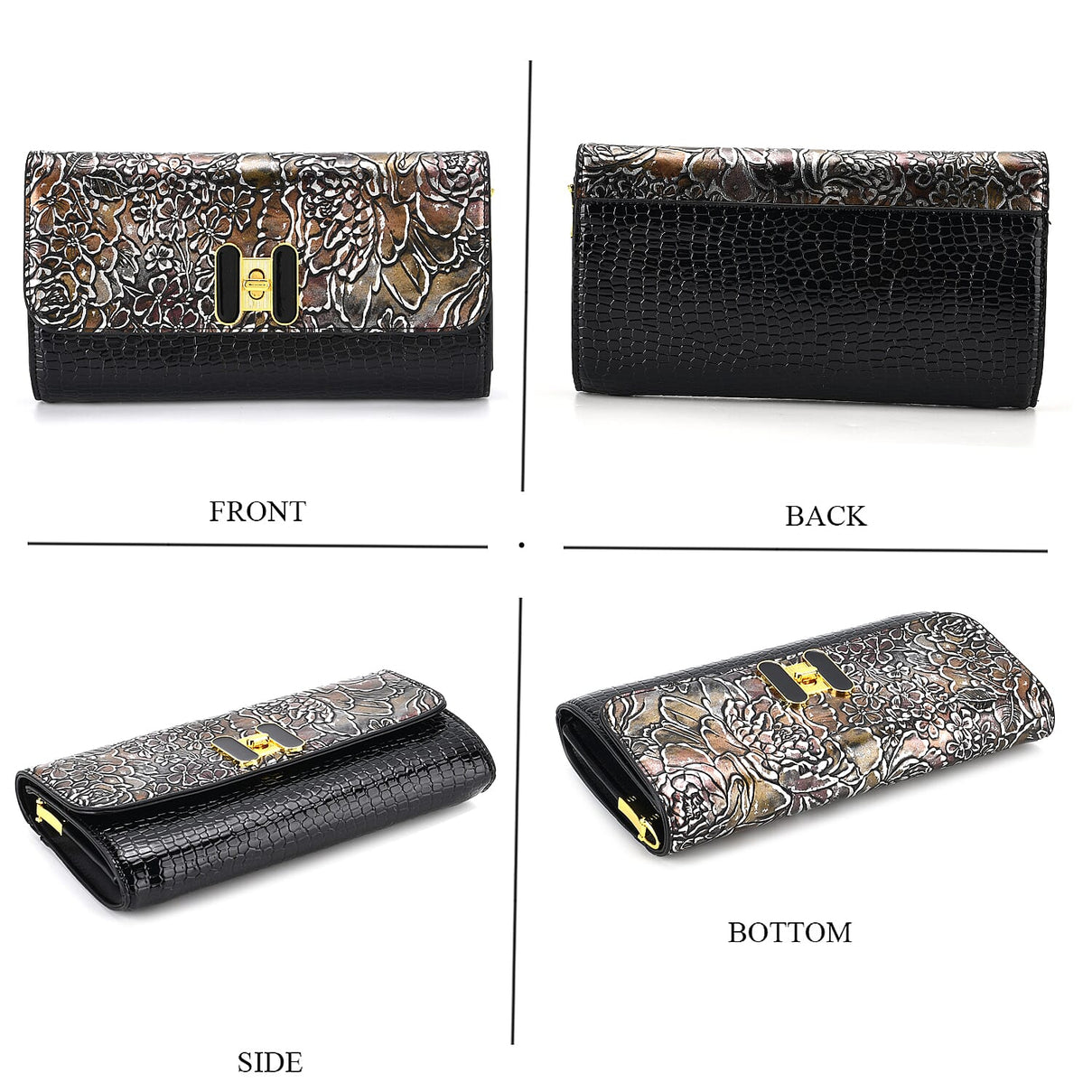 Metallic Floral Print Two-Tone Wallet Crossbody Bag with Chain Strap - Brown &amp; Black V32533429 3