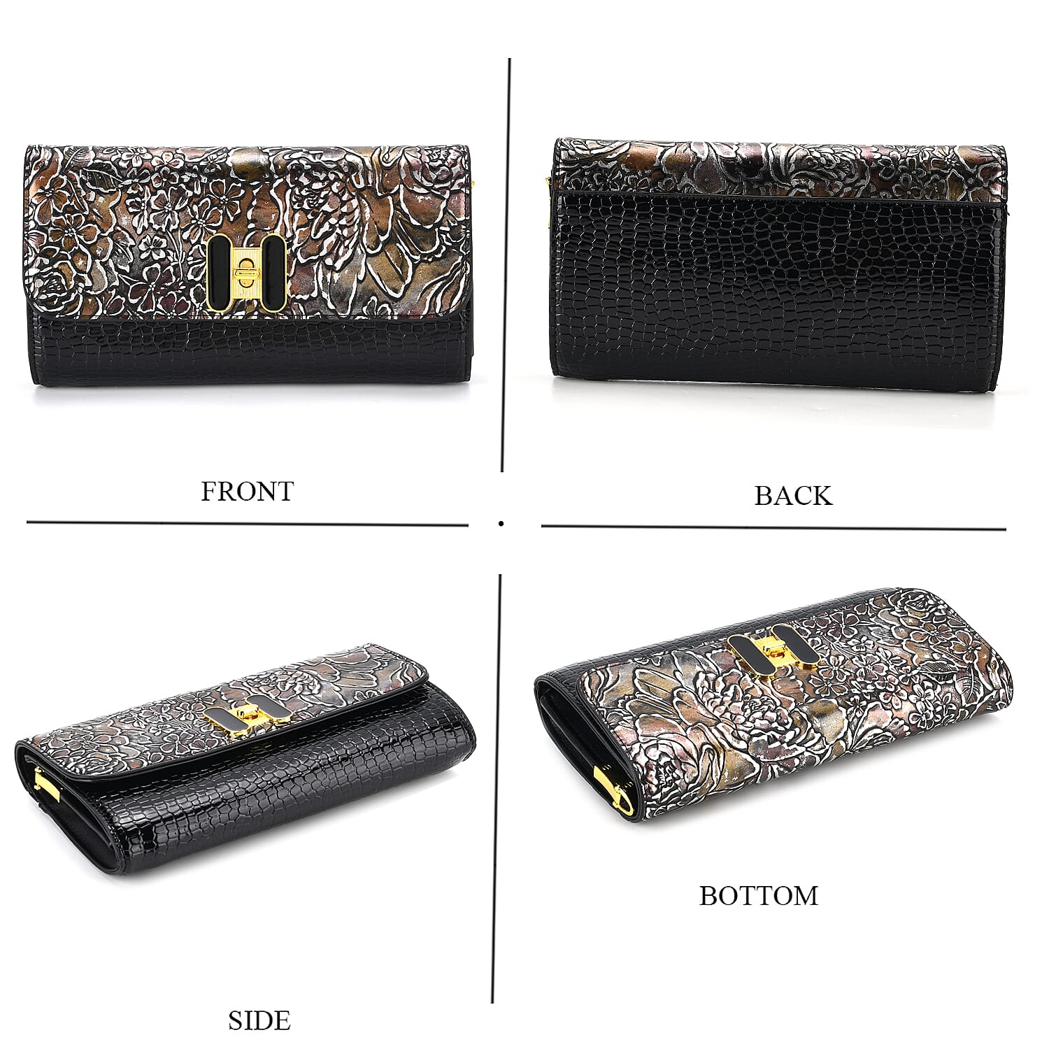 Metallic Floral Print Two-Tone Wallet Crossbody Bag with Chain Strap - Brown &amp; Black V32533429 3