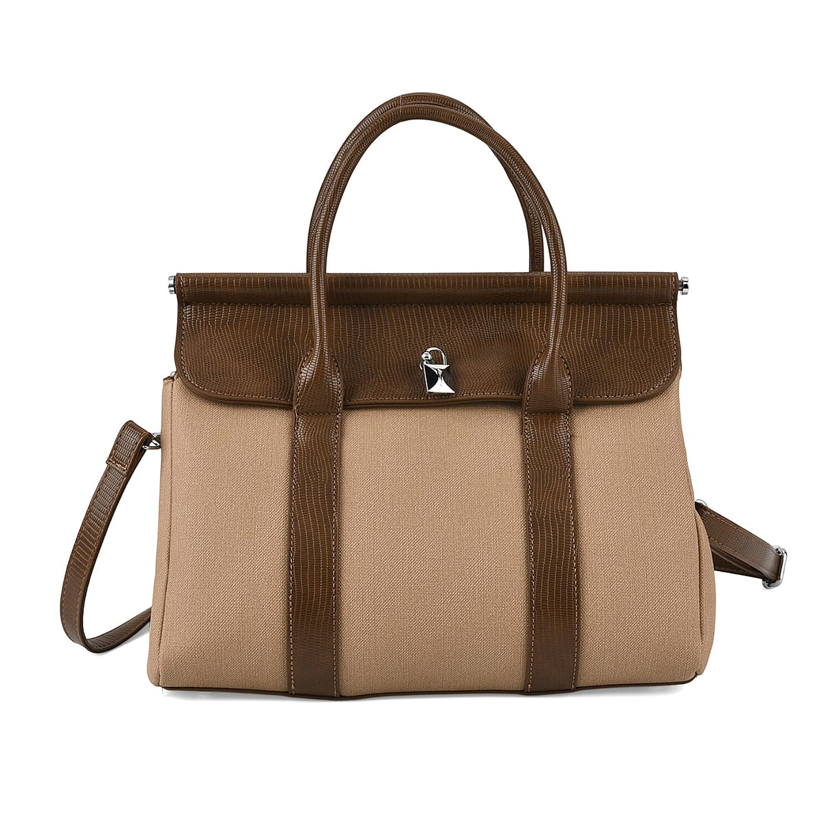 Elegant Herringbone Lined Satchel Handbag with Adjustable Strap - Camel V32369494 0