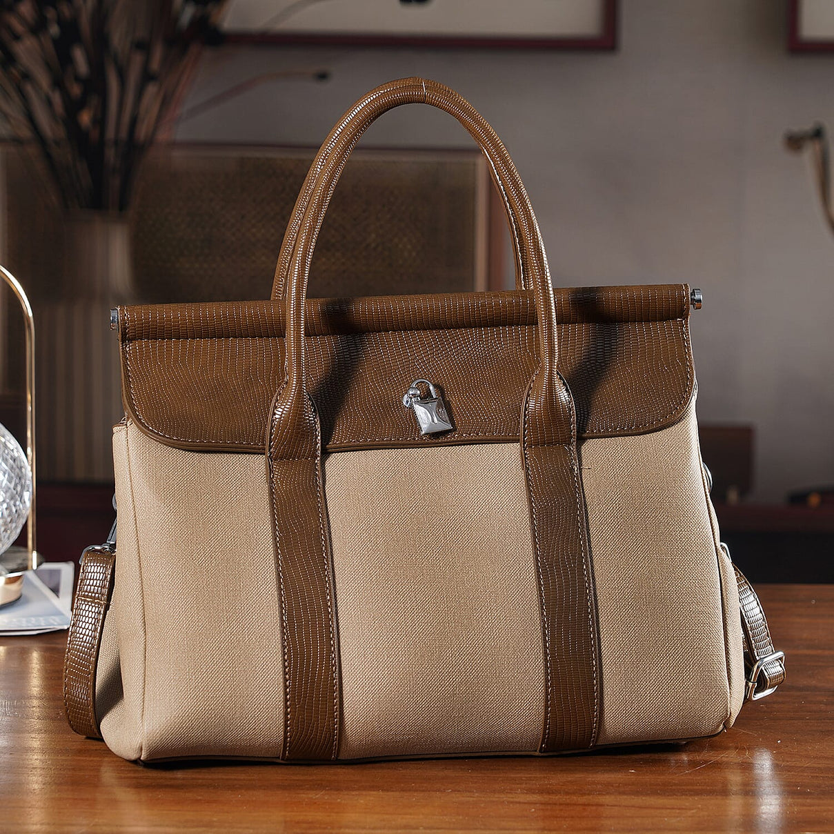Elegant Herringbone Lined Satchel Handbag with Adjustable Strap - Camel V32369494 1