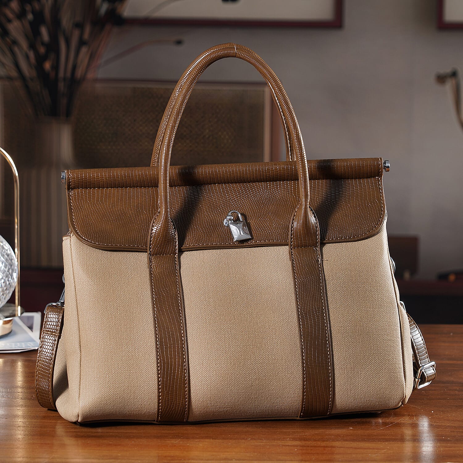 Elegant Herringbone Lined Satchel Handbag with Adjustable Strap - Camel V32369494 1
