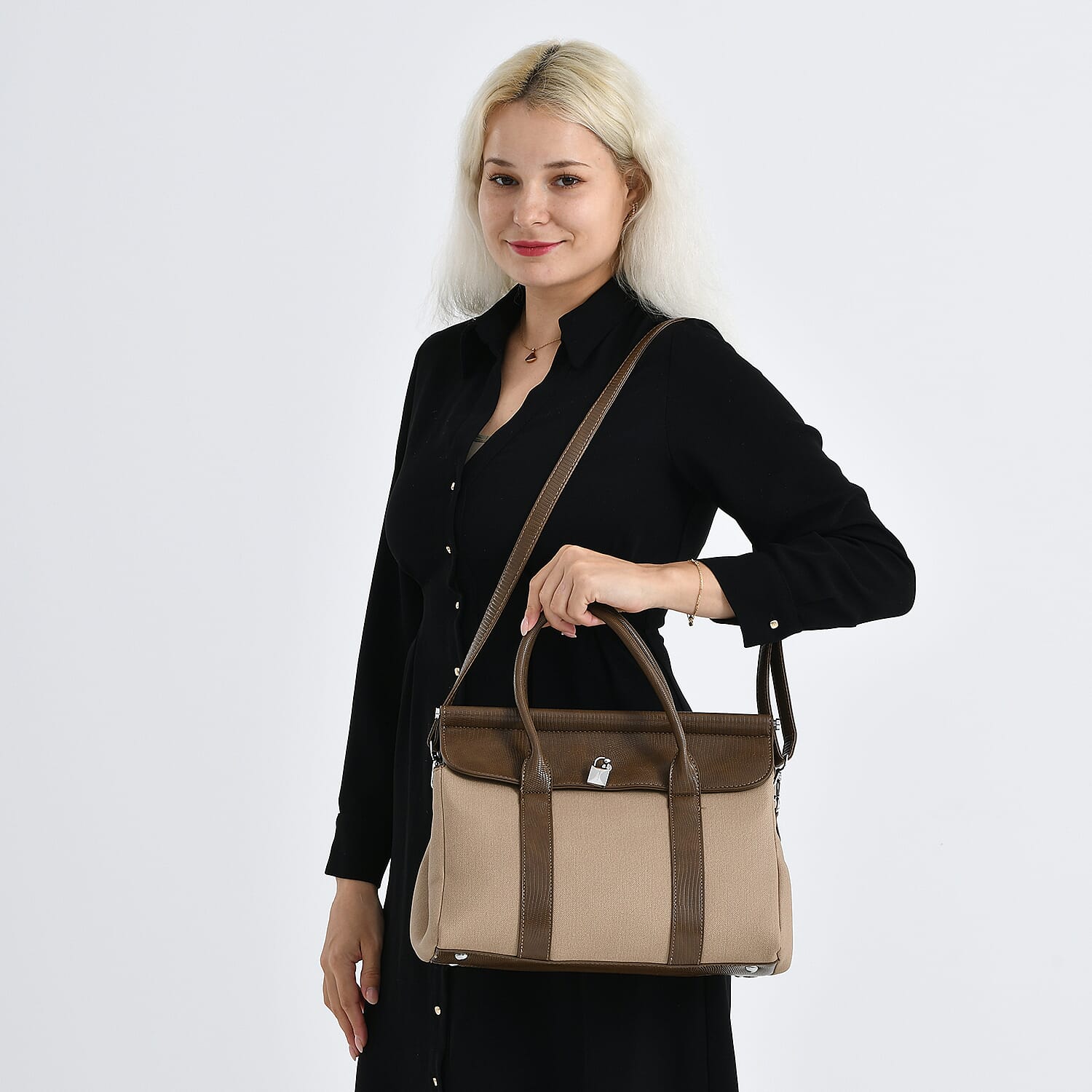 Elegant Herringbone Lined Satchel Handbag with Adjustable Strap - Camel V32369494 2