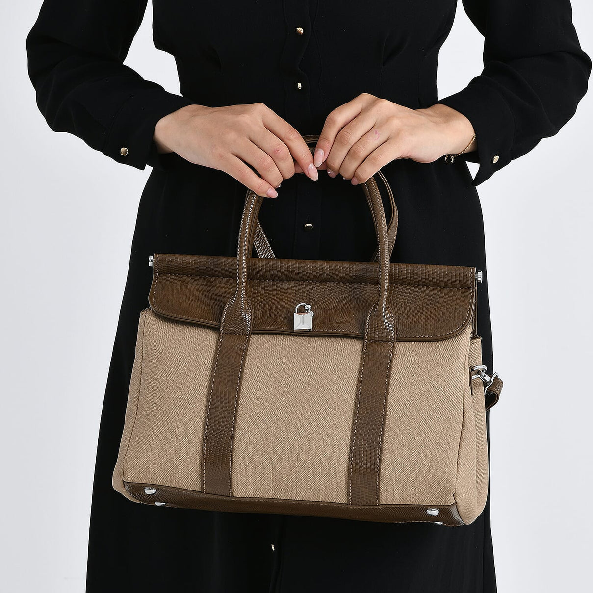 Elegant Herringbone Lined Satchel Handbag with Adjustable Strap - Camel V32369494 3