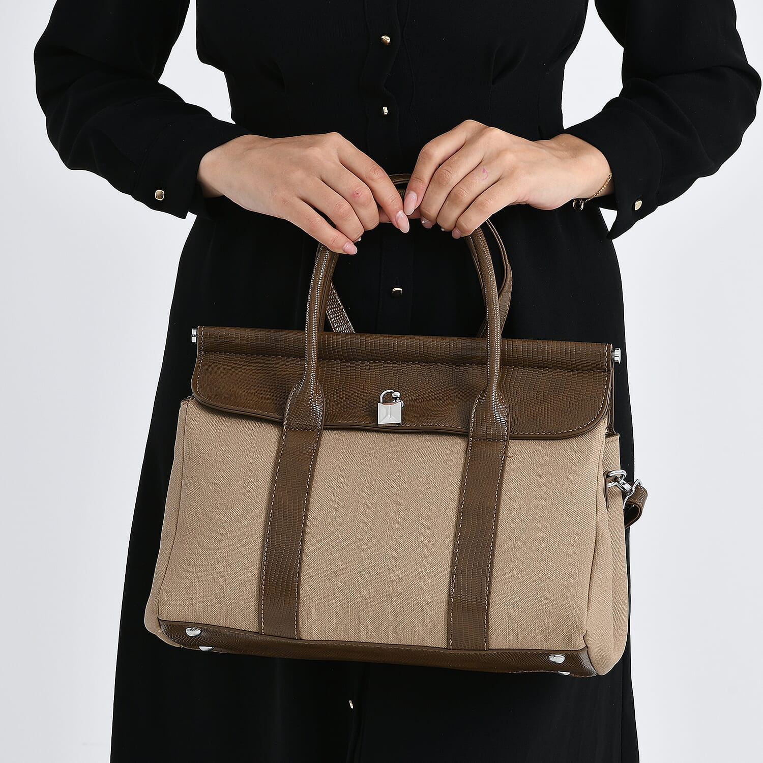 Elegant Herringbone Lined Satchel Handbag with Adjustable Strap - Camel V32369494 3