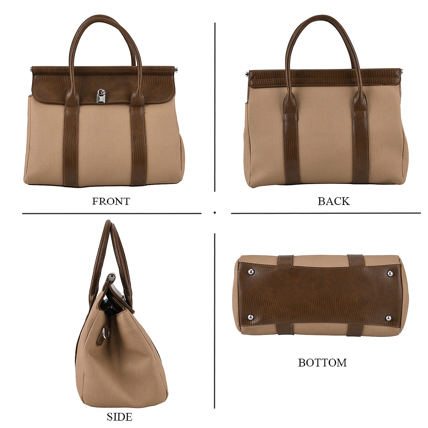 Elegant Herringbone Lined Satchel Handbag with Adjustable Strap - Camel V32369494 4