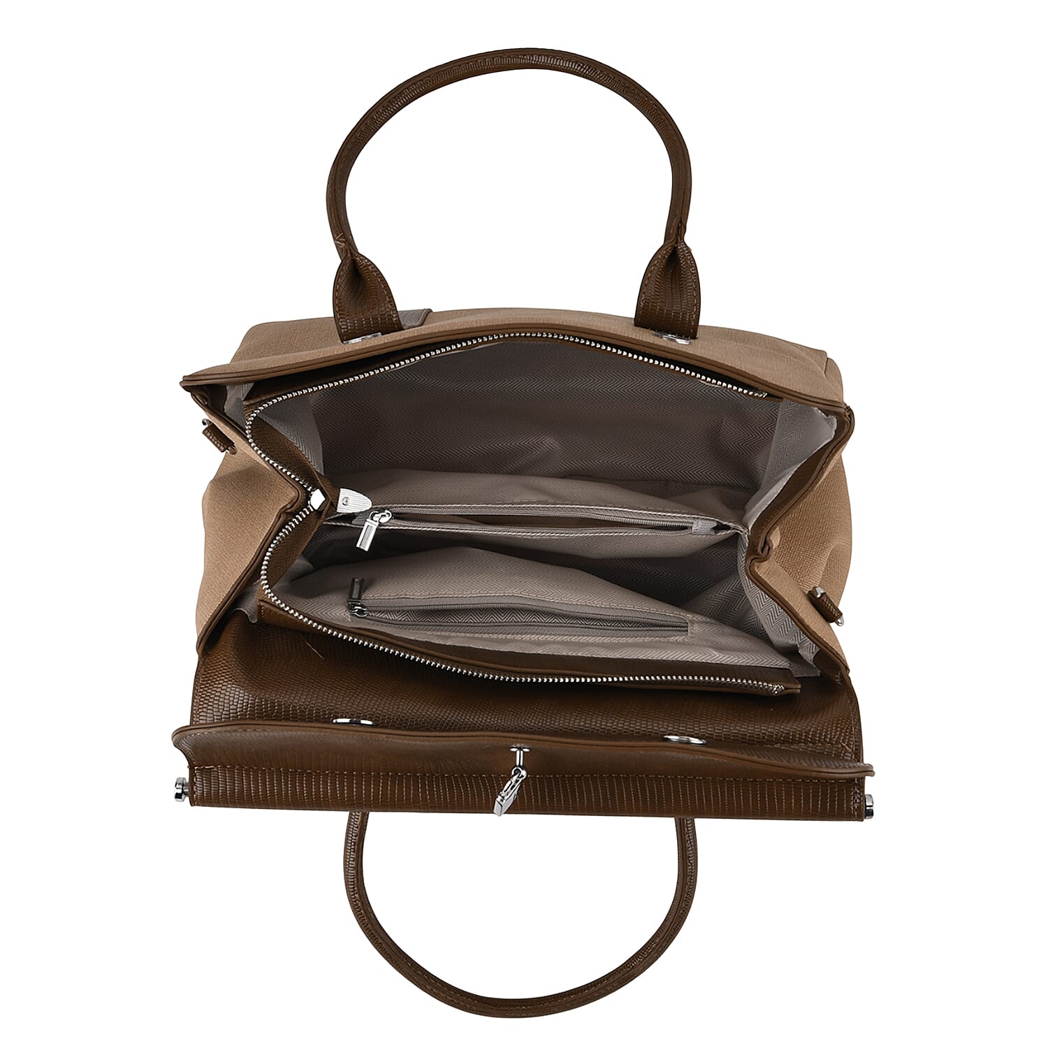 Elegant Herringbone Lined Satchel Handbag with Adjustable Strap - Camel V32369494 5