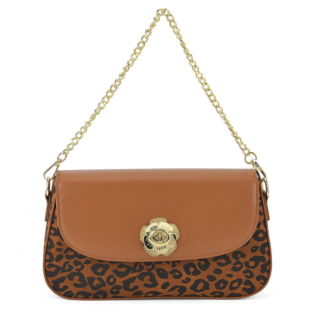 Designer Inspired - Convertible Clutch & Baguette Shoulder Bag with Chain Strap - Light Brown