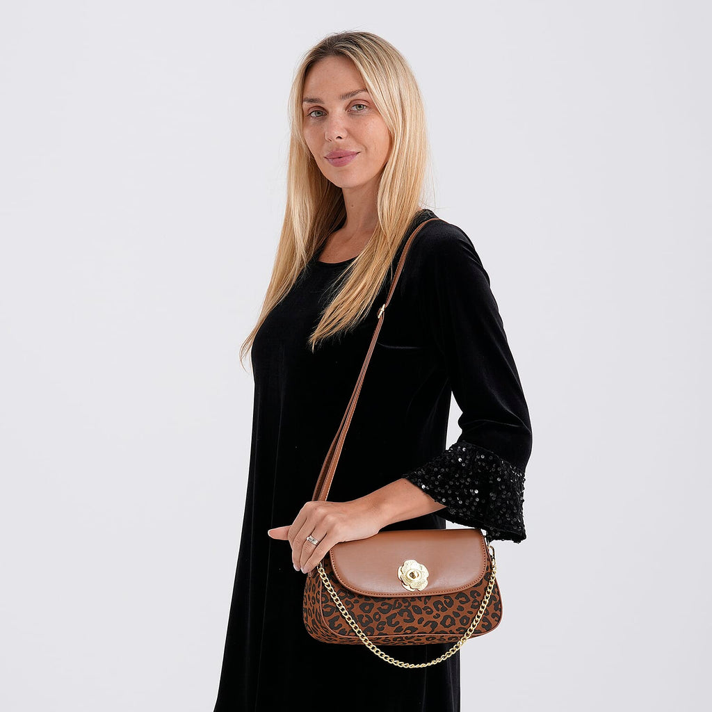 Designer Inspired - Convertible Clutch & Baguette Shoulder Bag with Chain Strap - Light Brown