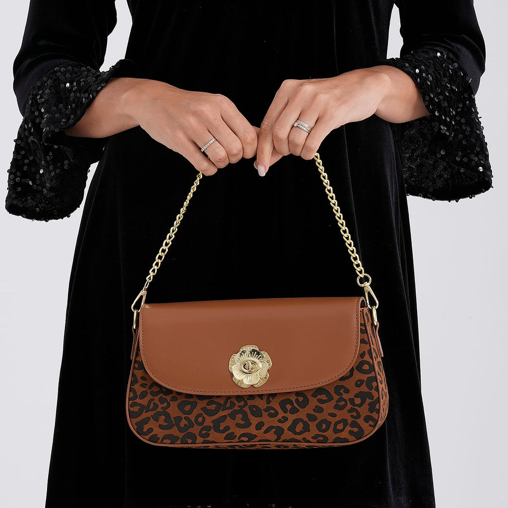Designer Inspired - Convertible Clutch & Baguette Shoulder Bag with Chain Strap - Light Brown