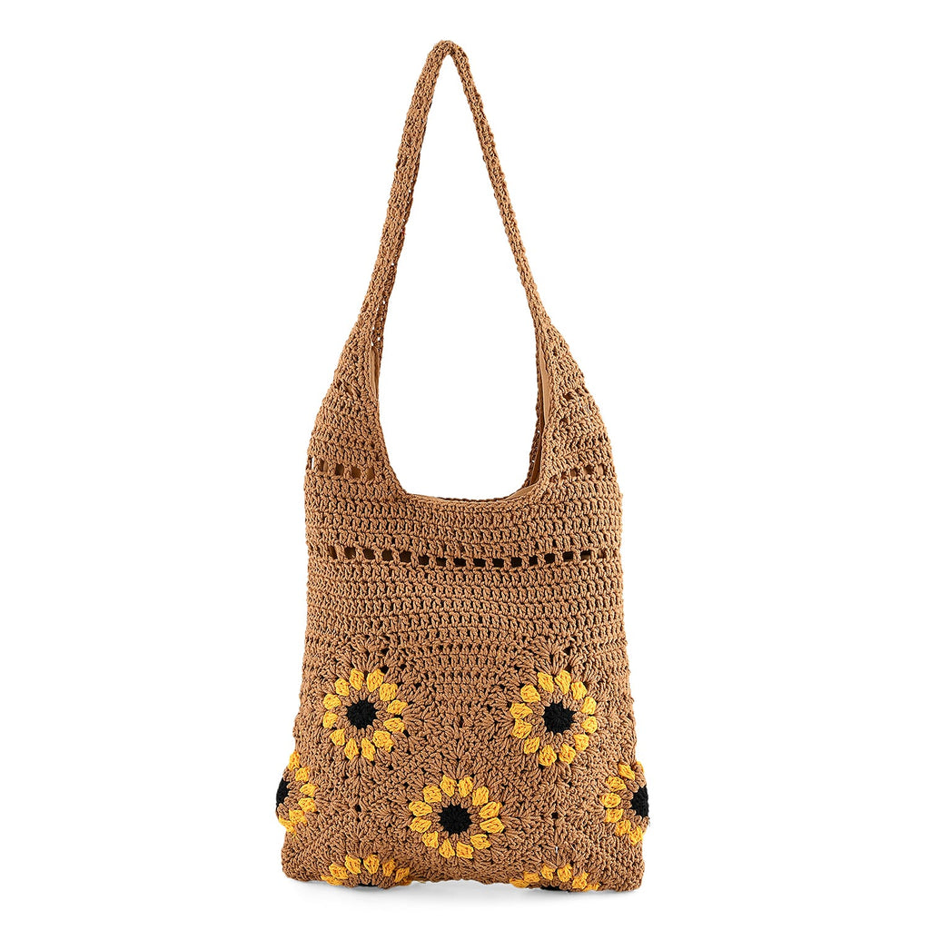 Floral Crochet Slouchy Tote Bag - Brown