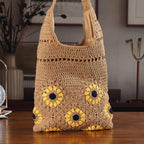 Floral Crochet Slouchy Tote Bag - Brown