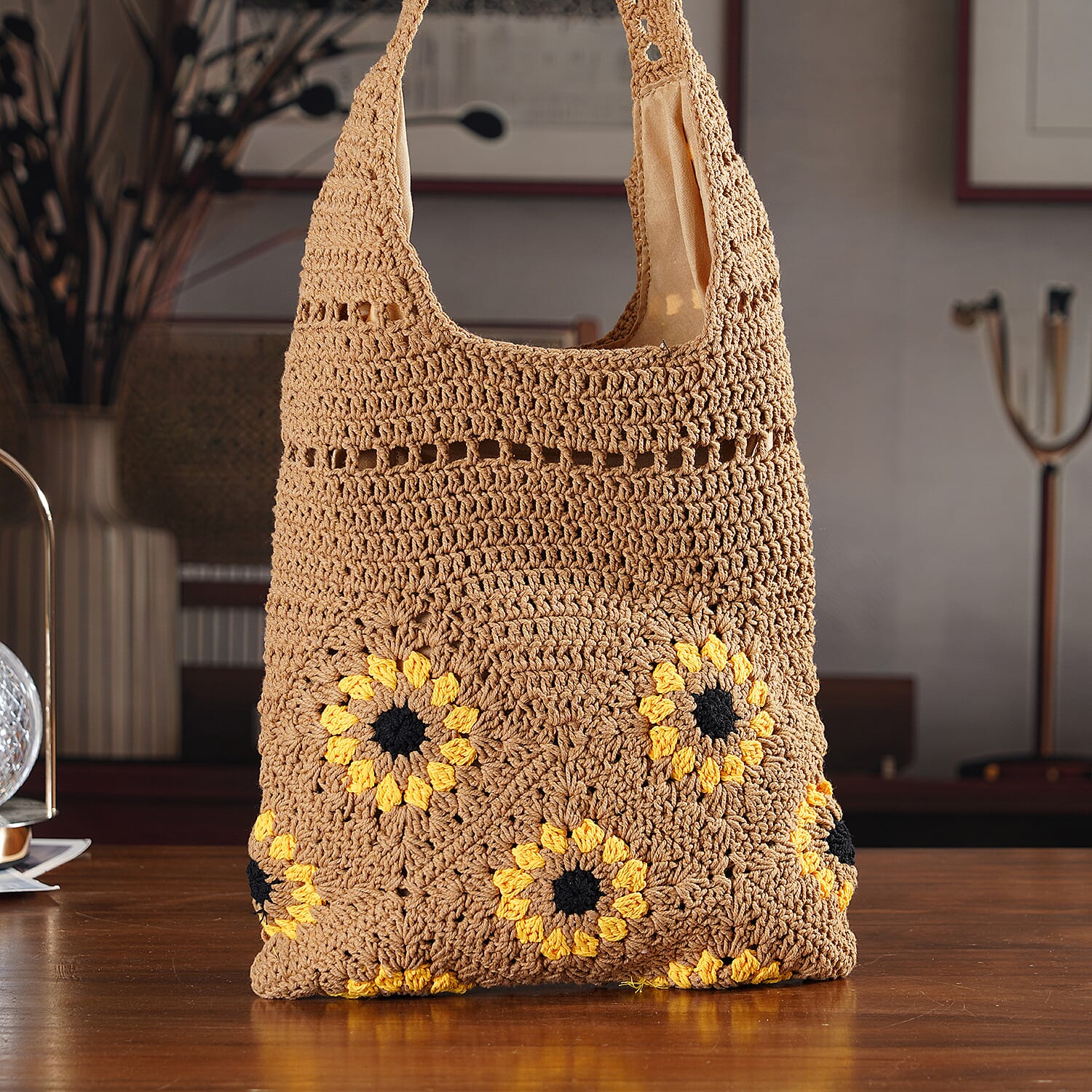 Floral Crochet Slouchy Tote Bag - Brown 8501467 2