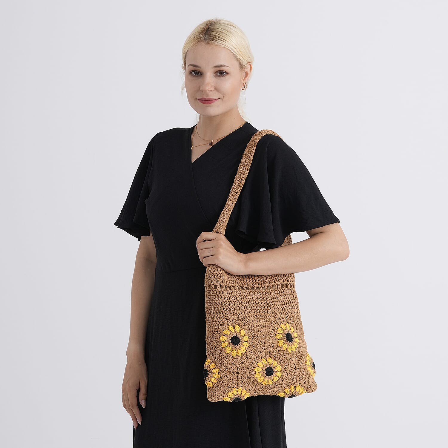Floral Crochet Slouchy Tote Bag - Brown 8501467 3