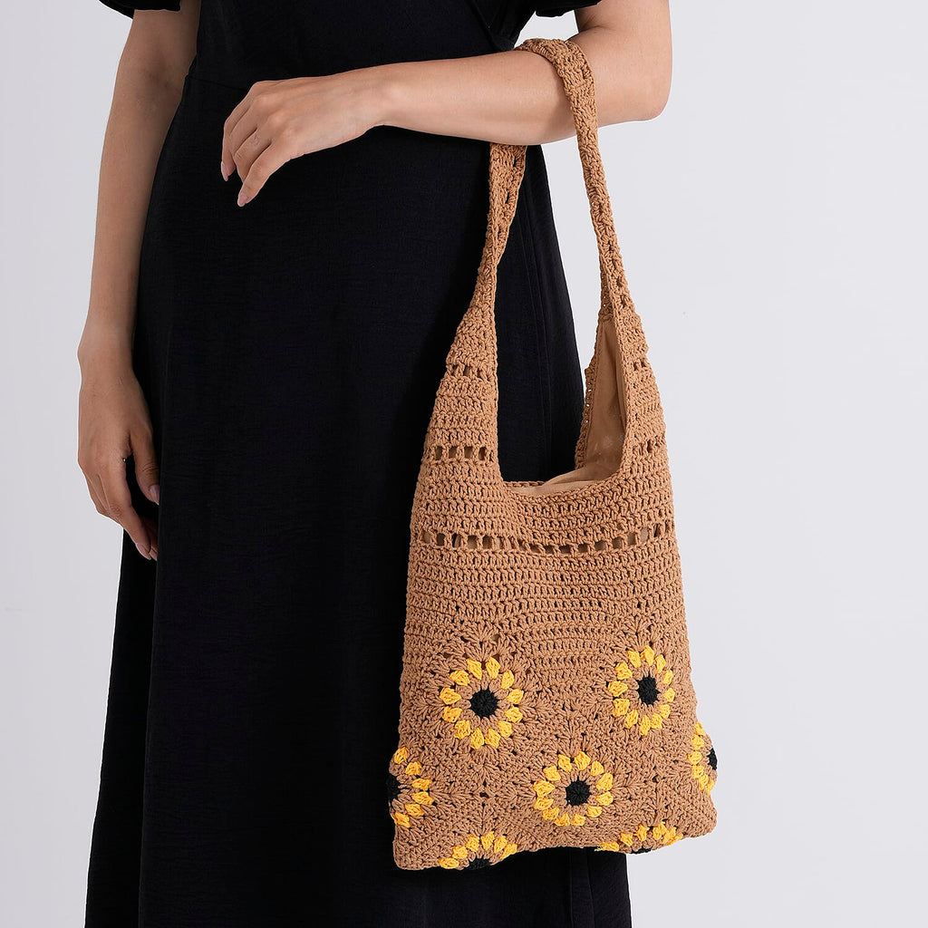Floral Crochet Slouchy Tote Bag - Brown