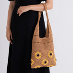 Floral Crochet Slouchy Tote Bag - Brown