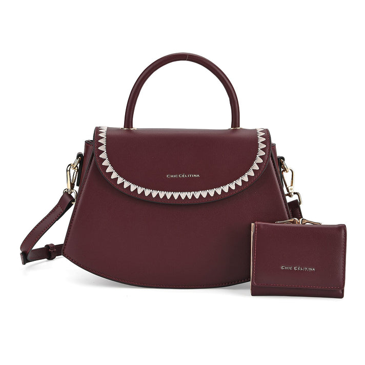 Set of 2 Pearl-Trim Crossbody Satchel Bag with Matching Card Slot Wallet - Dark Wine 8242692 1