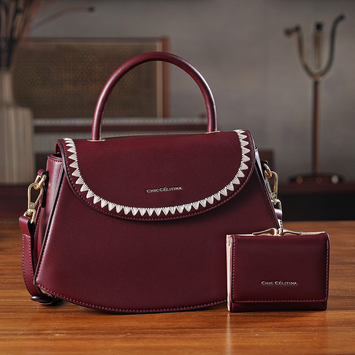 Set of 2 Pearl-Trim Crossbody Satchel Bag with Matching Card Slot Wallet - Dark Wine 8242692 2