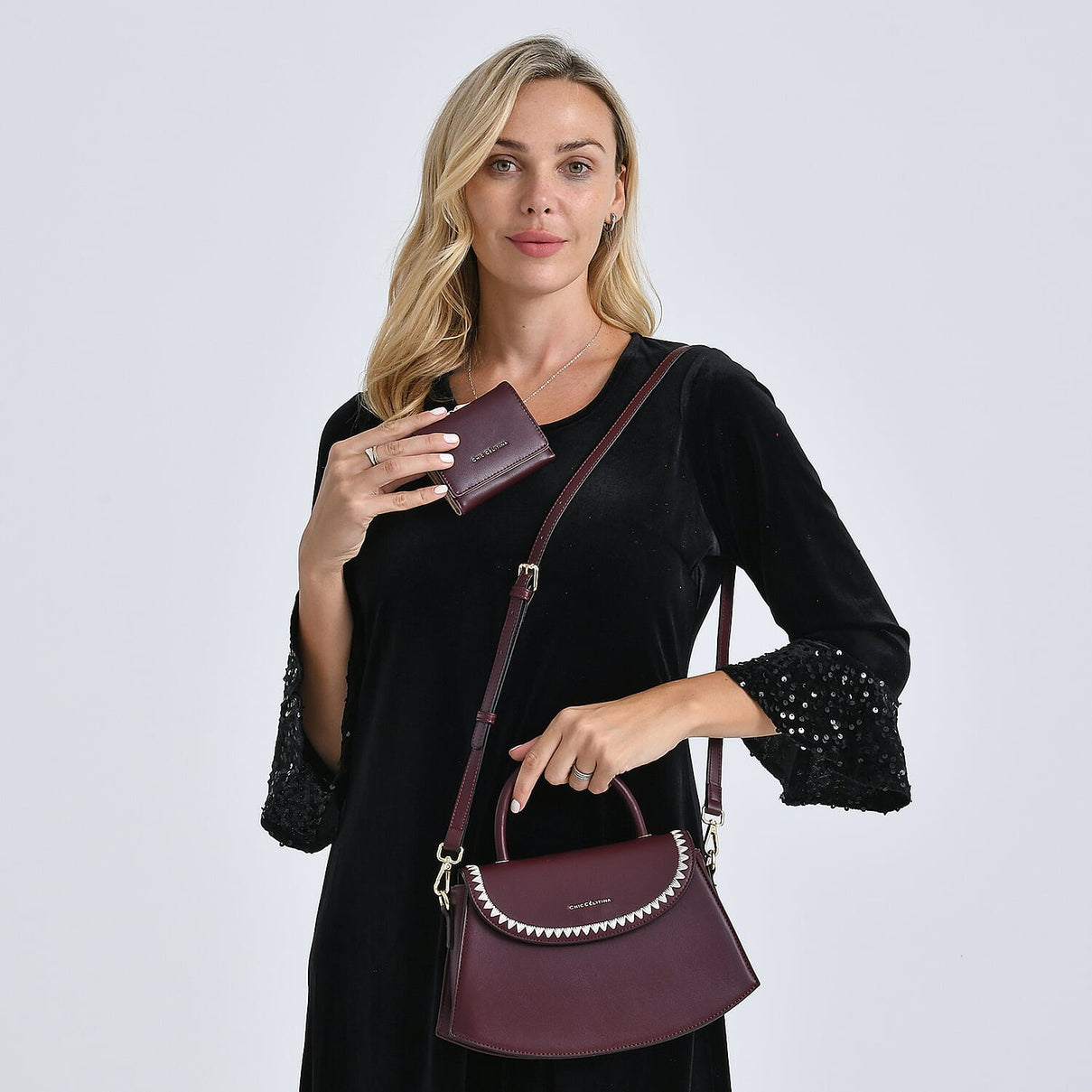 Set of 2 Pearl-Trim Crossbody Satchel Bag with Matching Card Slot Wallet - Dark Wine 8242692 3