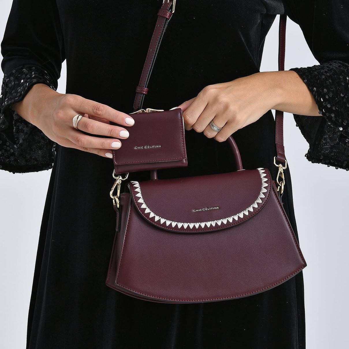 Set of 2 Pearl-Trim Crossbody Satchel Bag with Matching Card Slot Wallet - Dark Wine 8242692 4