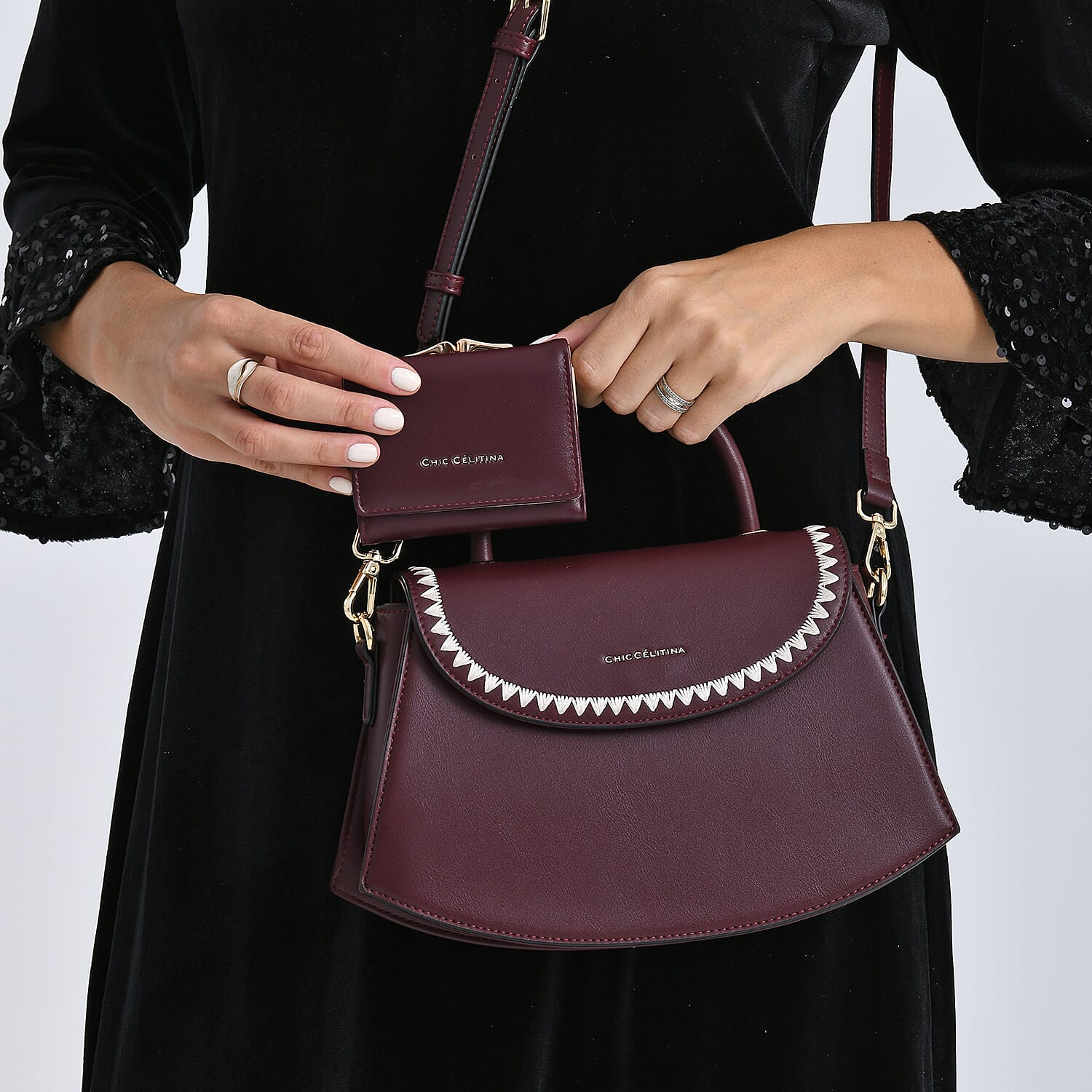 Set of 2 Pearl-Trim Crossbody Satchel Bag with Matching Card Slot Wallet - Dark Wine 8242692 4