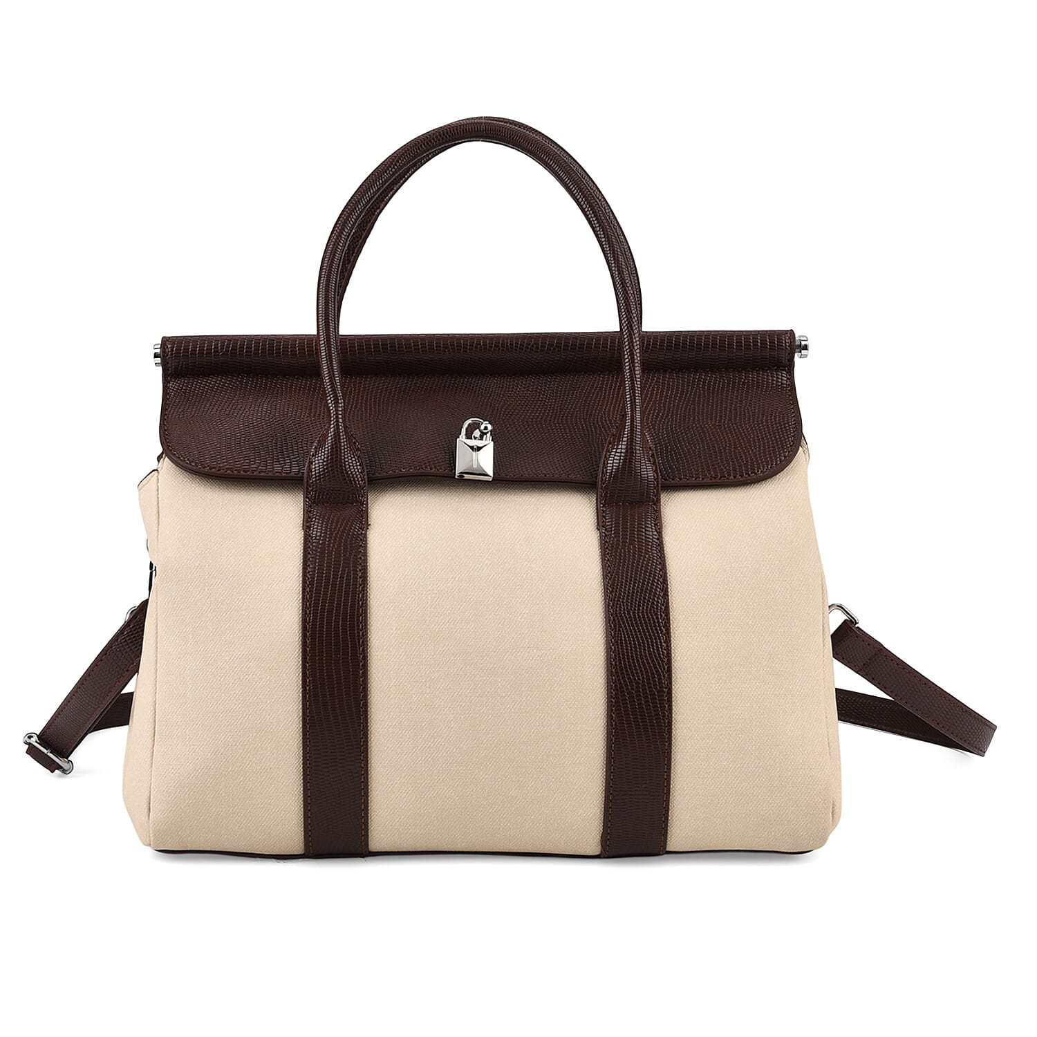 Elegant Herringbone Lined Satchel Handbag with Adjustable Strap - Dark Brown &amp; White. V32519684 0