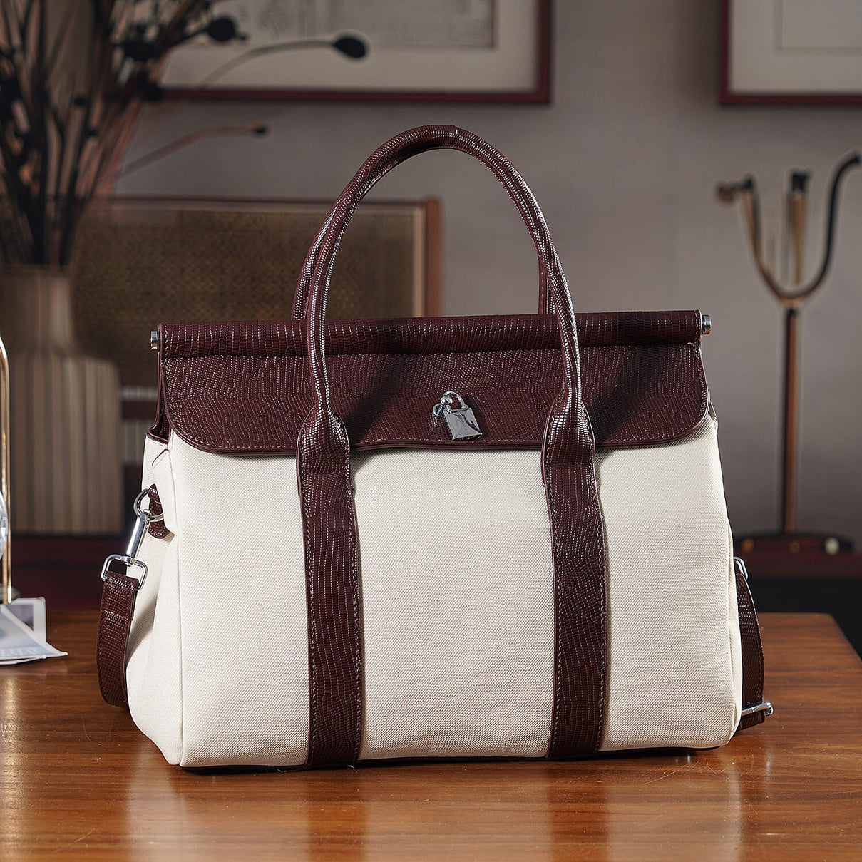 Elegant Herringbone Lined Satchel Handbag with Adjustable Strap - Dark Brown &amp; White. V32519684 2