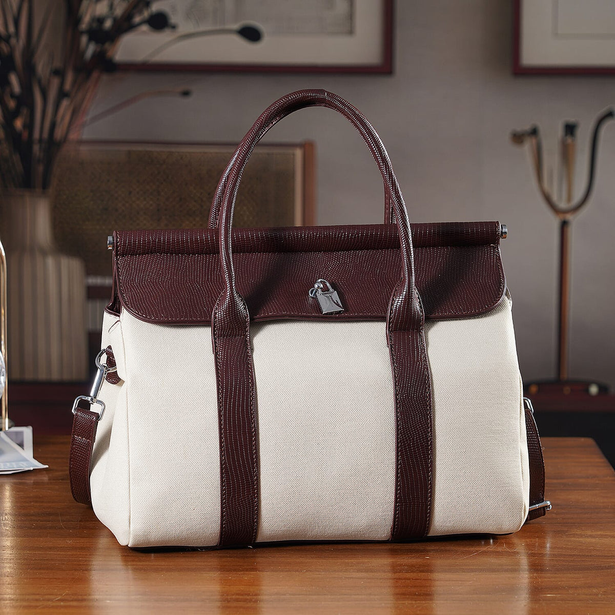 Elegant Herringbone Lined Satchel Handbag with Adjustable Strap - Dark Brown &amp; White. V32519684 2