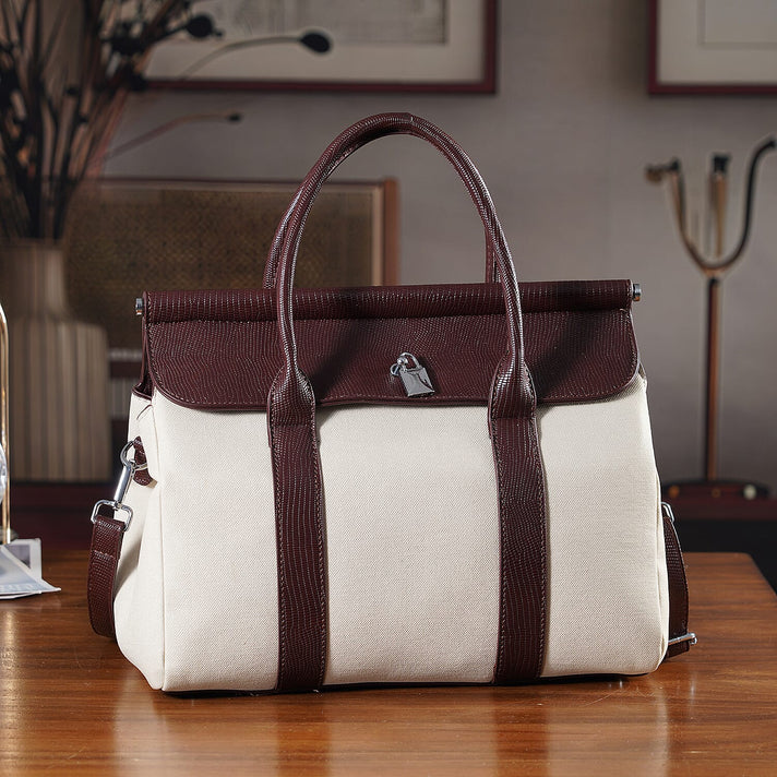 Elegant Herringbone Lined Satchel Handbag with Adjustable Strap - Dark Brown &amp; White. V32672834 2