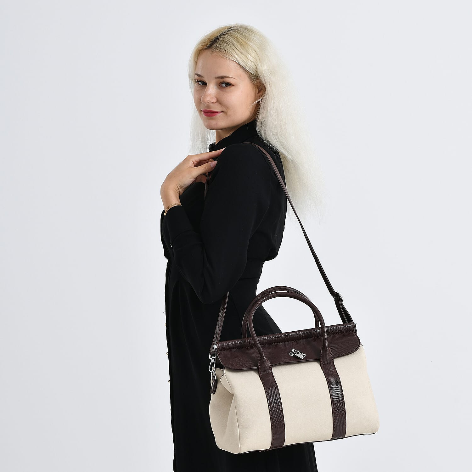 Elegant Herringbone Lined Satchel Handbag with Adjustable Strap - Dark Brown &amp; White. V32519684 3