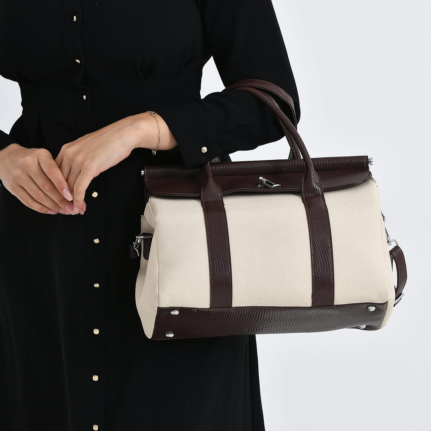 Elegant Herringbone Lined Satchel Handbag with Adjustable Strap - Dark Brown &amp; White. V32357000 4