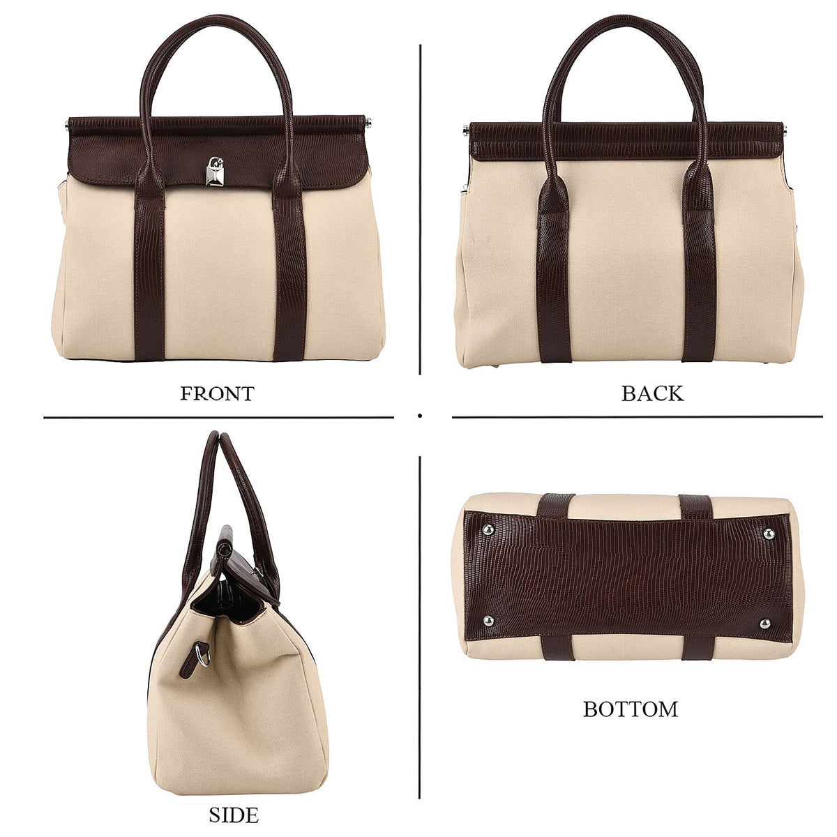 Elegant Herringbone Lined Satchel Handbag with Adjustable Strap - Dark Brown &amp; White. V32519684 5