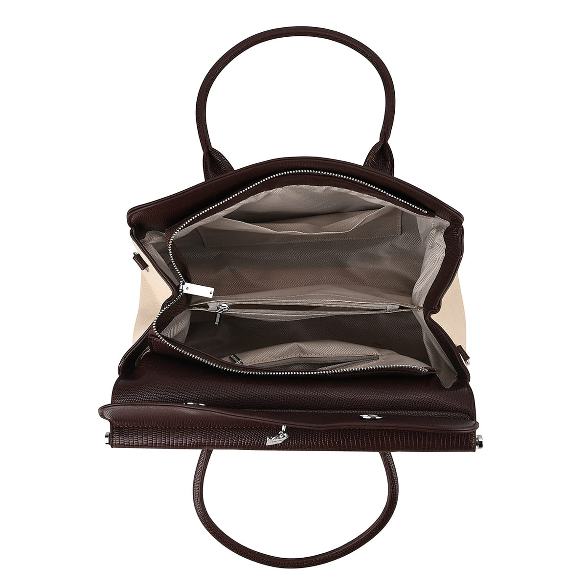 Elegant Herringbone Lined Satchel Handbag with Adjustable Strap - Dark Brown &amp; White. V32519684 6