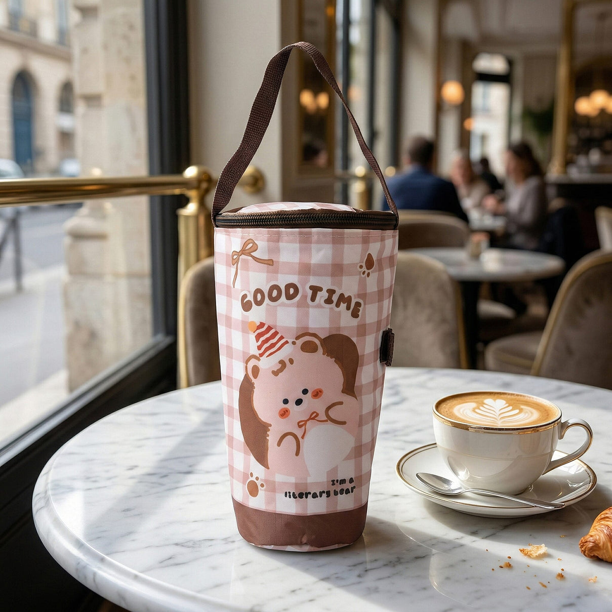 Cute Cartoon Print Insulated Tumbler Travel Mug Bag with Handle &amp; Straw Hole - Coffee &amp; White V32513555 2