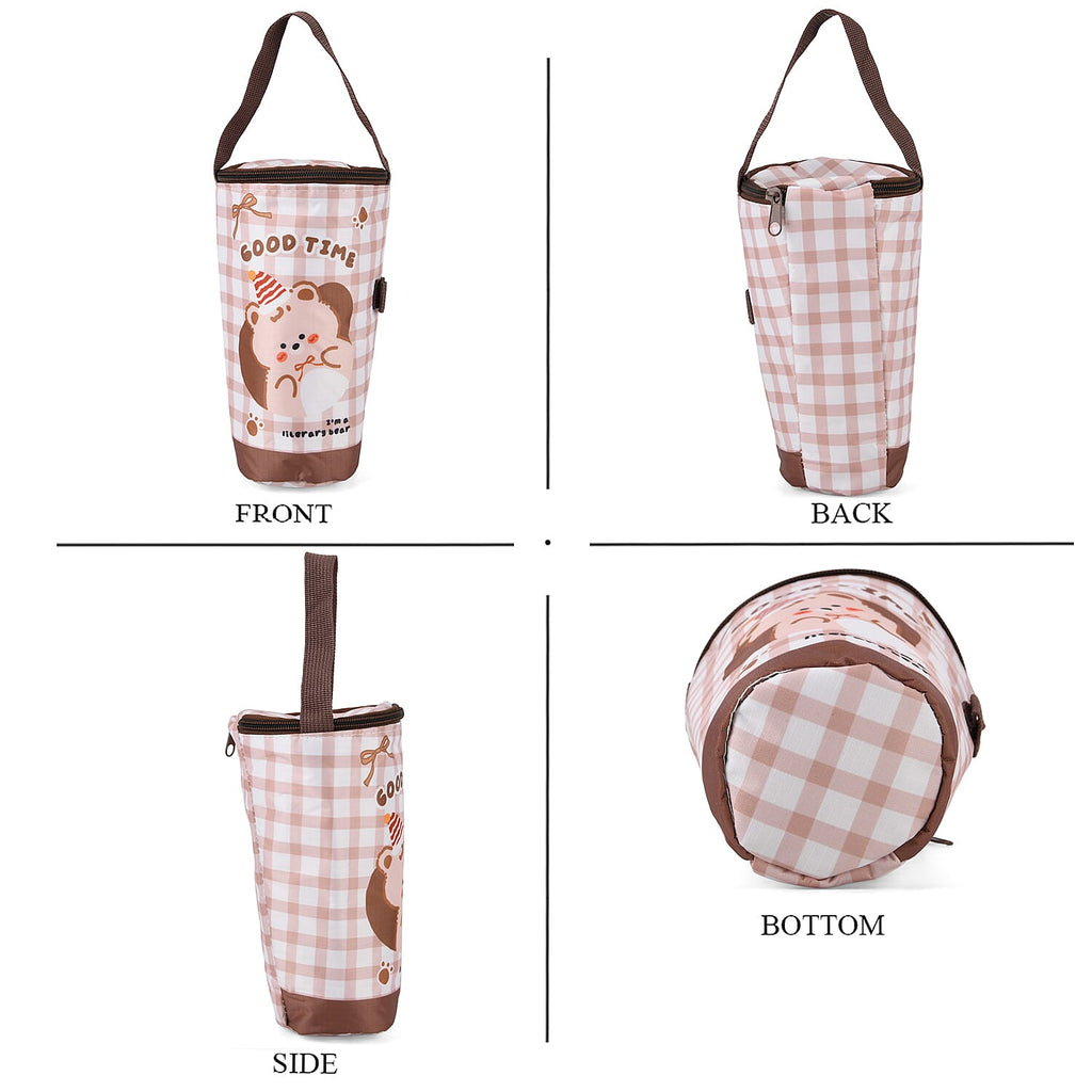 Cute Cartoon Print Insulated Tumbler Travel Mug Bag with Handle & Straw Hole - Coffee & White